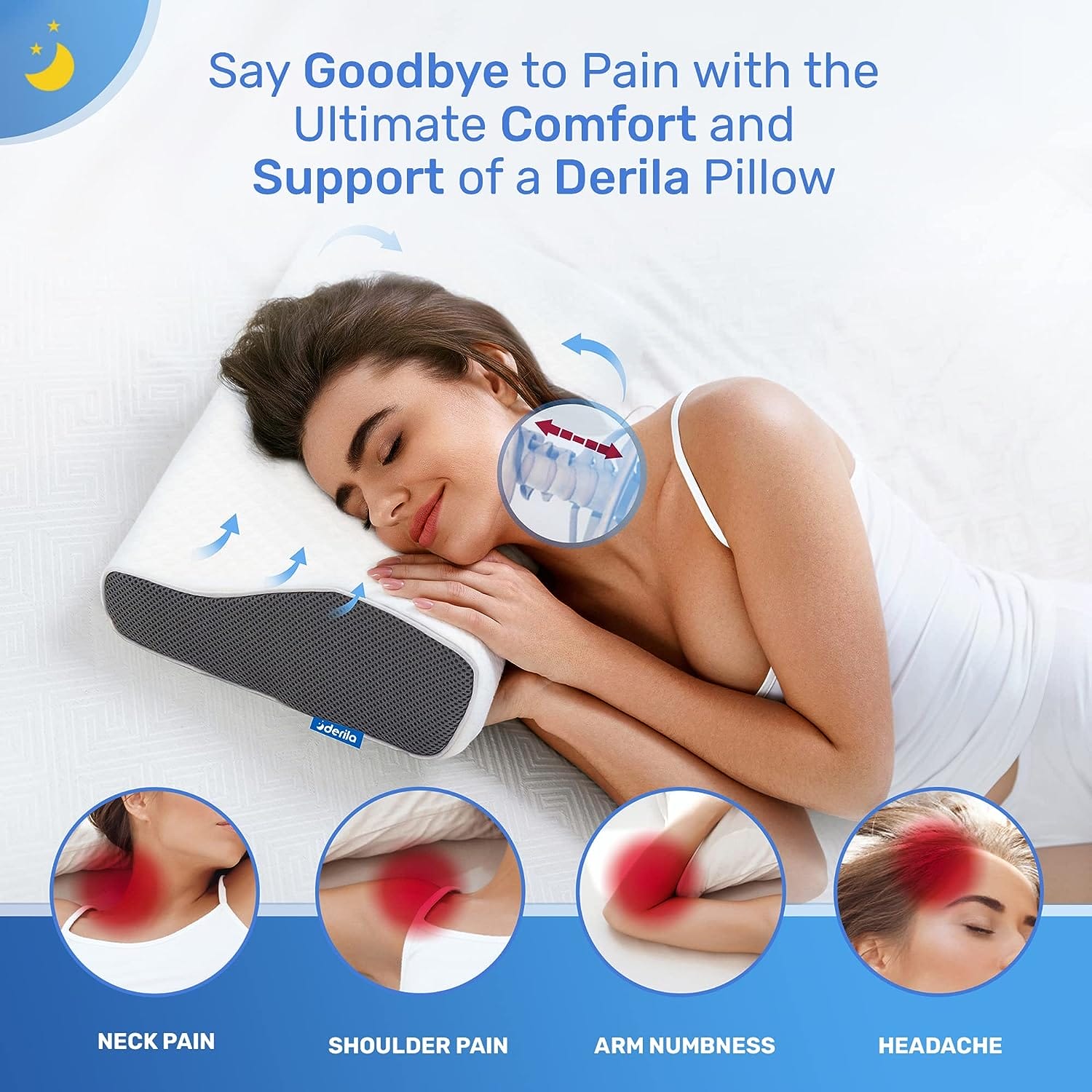 Derila Contour Anti Snore Pillows for Sleeping - Ergonomic Neck Support Pillow for Neck  Shoulder Pain Relief - Side, Back, Stomach Sleepers - Cervical Best Bed Anti-Snoring Pillows for Sleeping