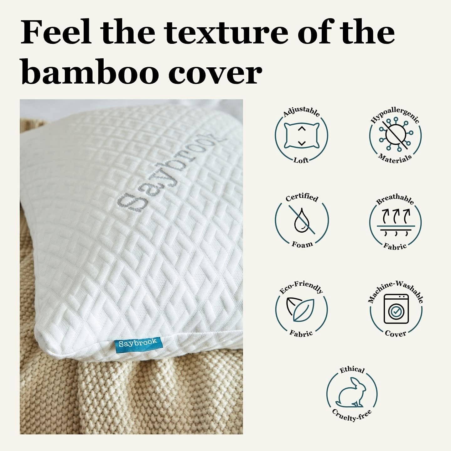 Saybrook Premium Adjustable Loft Pillow - Hypoallergenic Machine-Washable Bamboo Cover - Lion Down Alternative Filling Made with Cut Memory Foam and Microfiber Infused with Gel Beads - Standard/Queen