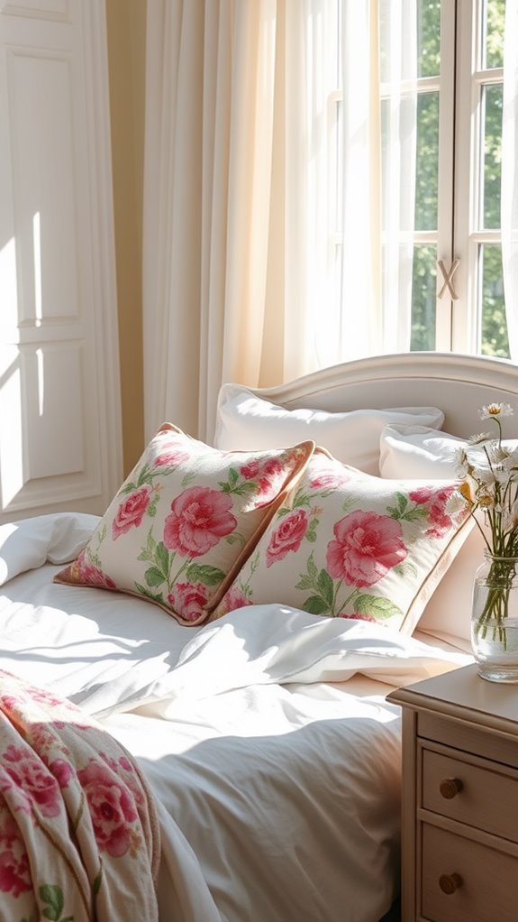 floral throw pillows accentuate decor