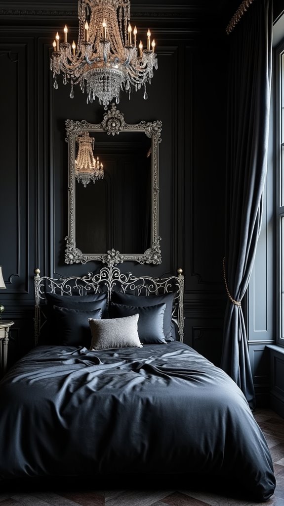 33 Stunning Dark Feminine Bedroom Looks to Love 9 gothic black silver contrast